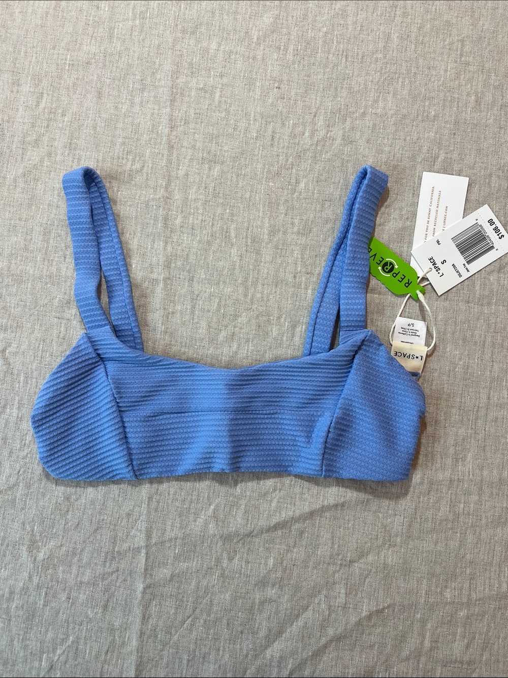 l*space Cornflower Blue Ribbed Jess Bikini Top. Size S. NWT